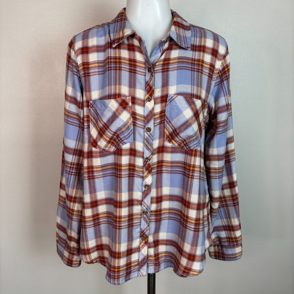 Maurices Top‎ Medium Blue Orange Plaid Flannel Button-Front Shirt Casual Women's